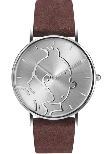 MONTRE - TINTIN - CLASSIC - « S » - CADRAN ARGENT - BRACELET BRUN