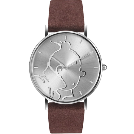 MONTRE - TINTIN - CLASSIC - « S » - CADRAN ARGENT - BRACELET BRUN